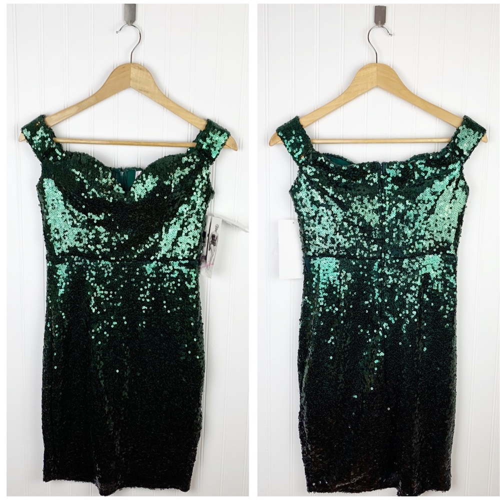 Emerald green & black sequin heart neckline dress